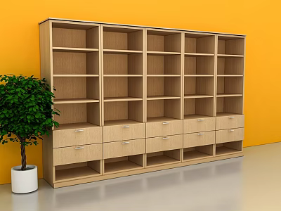Light Wood Bookcase With Multiple Shelves Bottom Drawers And Green Plant By Orange Wall 3d model