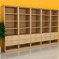 Light Wood Bookcase With Multiple Shelves Bottom Drawers And Green Plant By Orange Wall