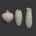 Three White Ceramic Vases with Cracked Texture and Reflection on Black Background 3d model
