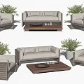 Modern Outdoor Sofa Set With Rattan Chairs Wooden Coffee Table And Beige Cushions