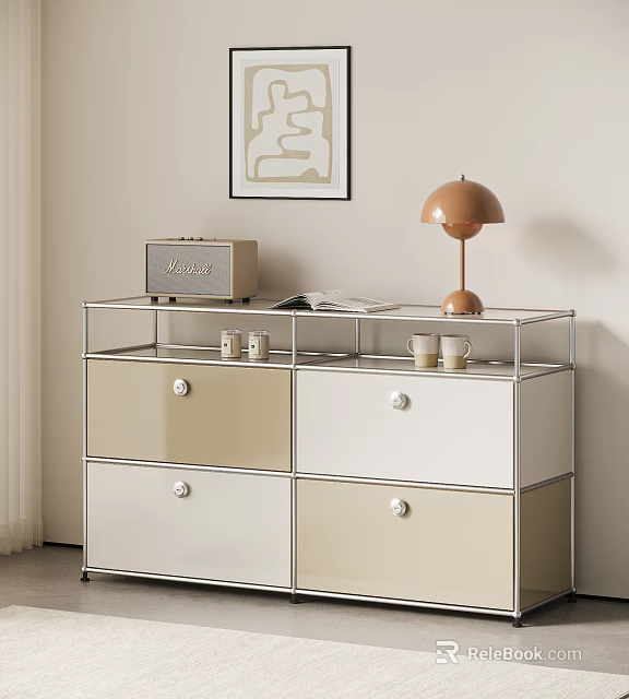 Entryway Console Cabinet With Beige White Drawers Metal Frame Radio Table Lamp Cups And Magazine 3d model 