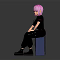 Pink Haired Character Sitting On Blue Cylinder In Black Outfit Against Dark Background