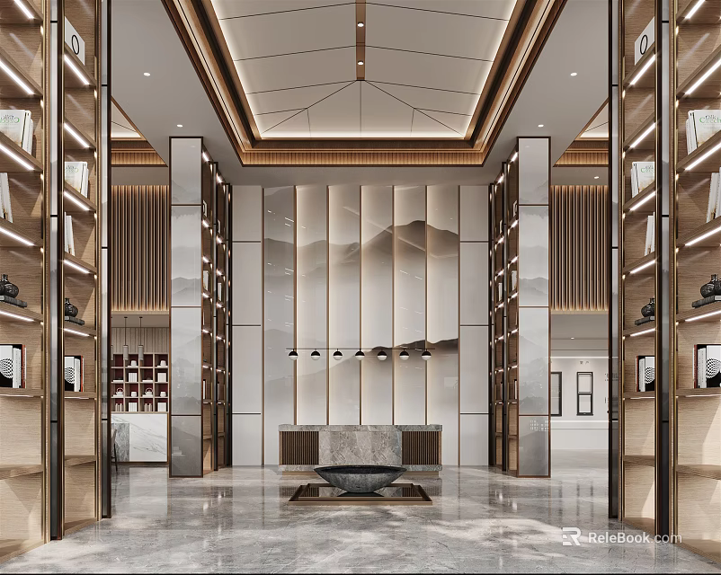 High End Modern Sales Office With Mountain Pattern Backdrop And Display Shelves 3d model 