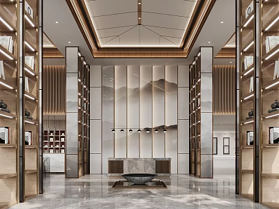 High End Modern Sales Office With Mountain Pattern Backdrop And Display Shelves 3d model