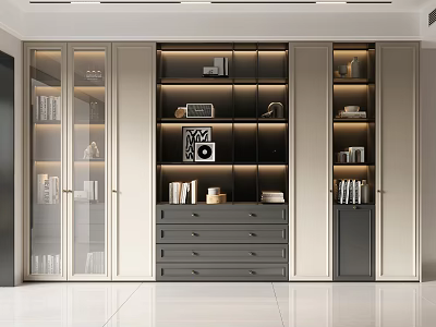 Modern Bookcase With Glass Doors Drawers Open Shelves And Decorative Items 3d model