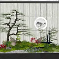 Modern Indoor Garden Display With Pine Tree Green Plants Moss And Pebbles