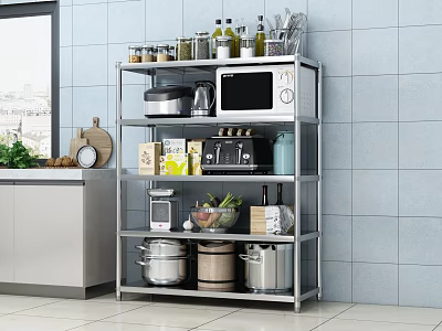 Multi Tier Metal Kitchen Shelving Unit With Microwave Pots Spices And Vegetables 3d model