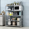 Multi Tier Metal Kitchen Shelving Unit With Microwave Pots Spices And Vegetables