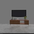 Minimalist Wooden TV Stand With TV Small Sculpture Clock And Green Plant