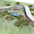 Modern Hotel Building With Curved Roof And Glass Curtain Walls In Mountainous Forest Setting