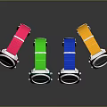 Four Colorful Digital Watches With Pink Green Blue Yellow Straps And Modern Design