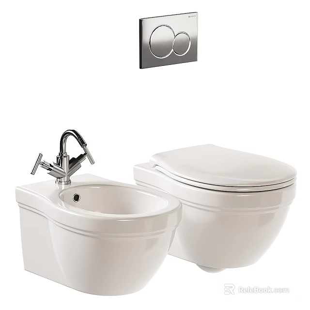 Modern White Ceramic Toilet With Bidet Faucet And Wall Mounted Flush Panel 3d model 