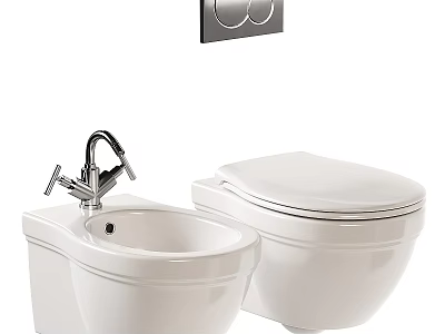 Modern White Ceramic Toilet With Bidet Faucet And Wall Mounted Flush Panel 3d model