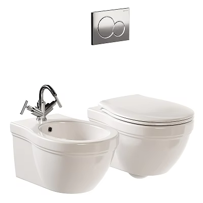 Modern White Ceramic Toilet With Bidet Faucet And Wall Mounted Flush Panel 3d model