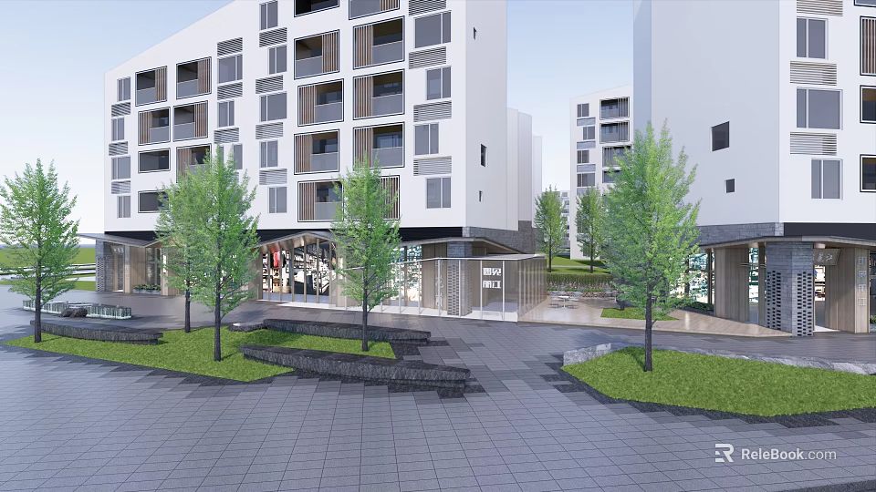 Modern Urban Plaza Landscape With Trees Paved Ground And Surrounding Buildings 3d model 
