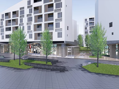 Modern Urban Plaza Landscape With Trees Paved Ground And Surrounding Buildings 3d model