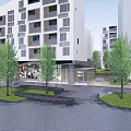 Modern Urban Plaza Landscape With Trees Paved Ground And Surrounding Buildings