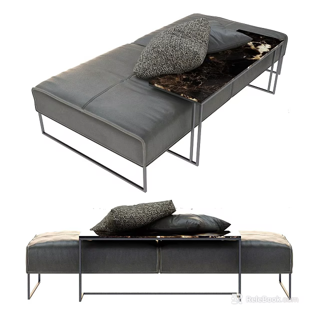 Gray Leather Sofa Bench with Metal Frame and Decorative Pillows on Marble Top 3d model 
