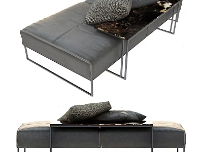Gray Leather Sofa Bench with Metal Frame and Decorative Pillows on Marble Top 3d model