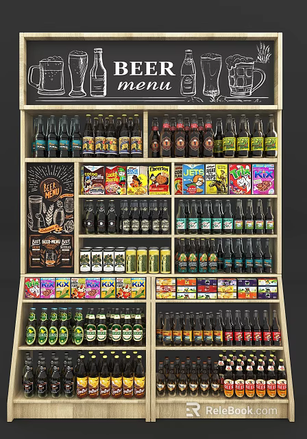 Retail Display Shelving With Multiple Tiers Of Bottled Beverages And Boxed Food Items 3d model 