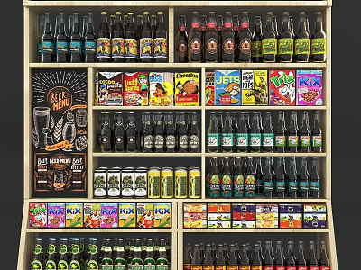 Retail Display Shelving With Multiple Tiers Of Bottled Beverages And Boxed Food Items 3d model