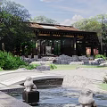 Scenic Landscape Bridge In Traditional Garden With Water Features And Green Trees