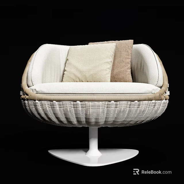 Elegant Modern Woven Armchair With White And Beige Cushions And Round Base 3d model 