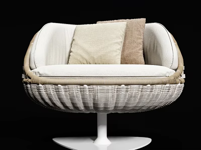 Elegant Modern Woven Armchair With White And Beige Cushions And Round Base 3d model