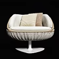 Elegant Modern Woven Armchair With White And Beige Cushions And Round Base