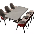 Modern Rectangular Dining Table Set with Six Gray Red Upholstered Chairs 3d model