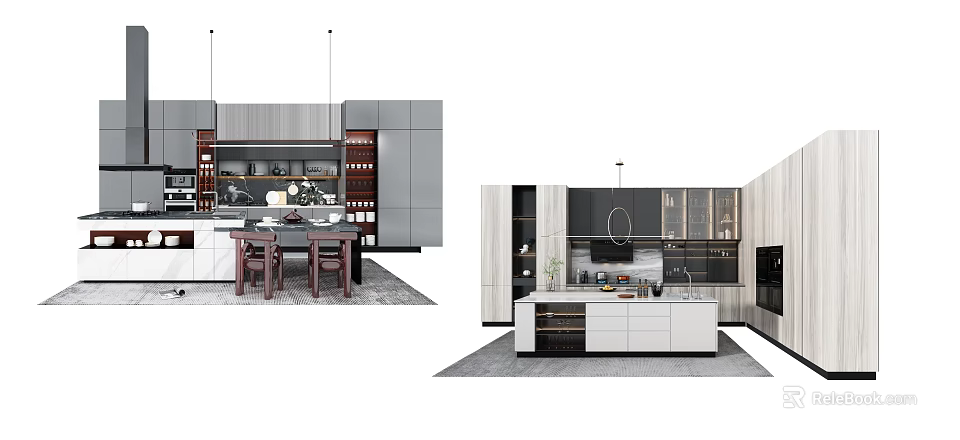 Modern Kitchen Interior Design With Stylish Cabinets Island Counter And Appliances 3d model 
