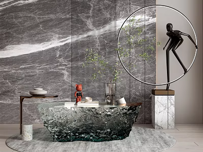 Modern Transparent Glass Coffee Table On Rug With Marble Wall Green Plant And Sculpture 3d model