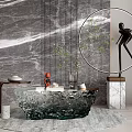 Modern Transparent Glass Coffee Table On Rug With Marble Wall Green Plant And Sculpture