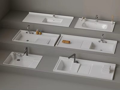 Various White Ceramic Washbasin Designs With Drain Boards And Faucet Holes 3d model