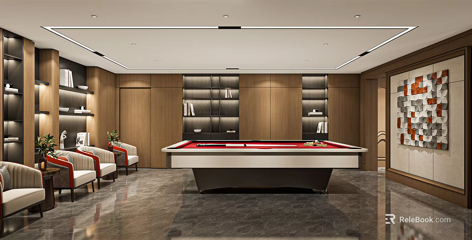 Modern Entertainment Room Interior With Pool Table Sofa And Wooden Shelves 3d model 