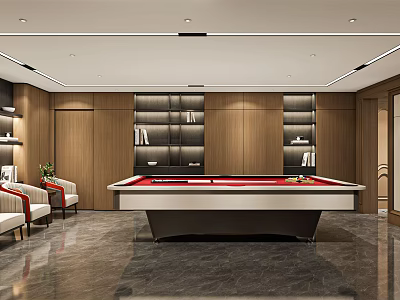Modern Entertainment Room Interior With Pool Table Sofa And Wooden Shelves 3d model