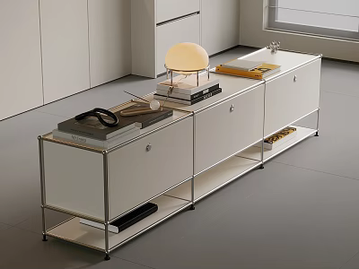 Modern White Console Cabinet With Drawers Open Shelves And Decorative Items 3d model