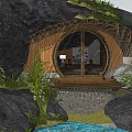 Natural Forest Villa With Stone Wood Structure Round Window And Warm Lighting Waterfront
