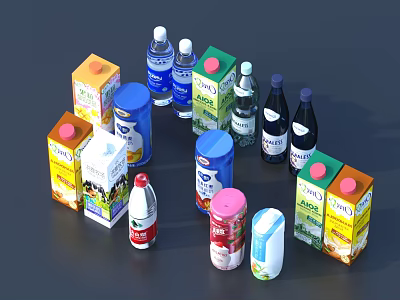 Variety Of Beverages Including Bottled Water Juice Cartons And Assorted Drinks Displayed 3d model