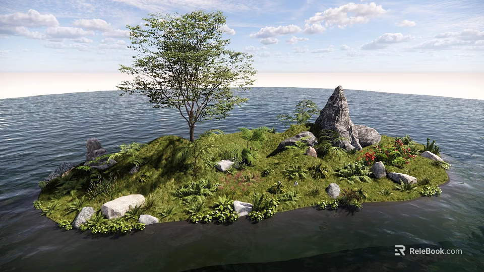 Natural Garden Landscape Design With Island Tree Grass Rocks And Water 3d model 