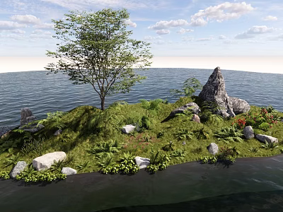 Natural Garden Landscape Design With Island Tree Grass Rocks And Water 3d model