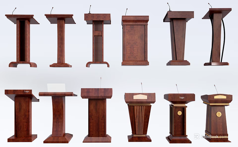 Wooden Podiums With Various Designs And Microphones For Different Event Uses 3d model 