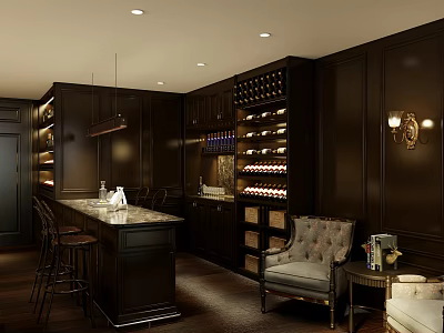 Elegant Home Bar With Dark Wooden Cabinets Wine Rack Pendant Light And Bar Stools 3d model