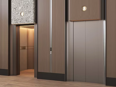 Modern Elevator Design With Metal Door Wooden Panel And Embedded Lighting 3d model