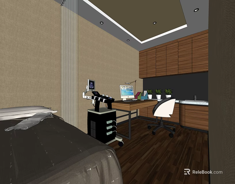 Modern Bedroom Office Interior With Wooden Cabinets Desk Computer And Chair 3d model 