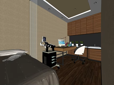 Modern Bedroom Office Interior With Wooden Cabinets Desk Computer And Chair 3d model