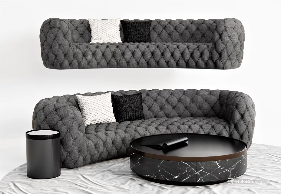 Irregular Shaped Quilted Sofa With White Black Pillows And Round Marble Coffee Table 3d model