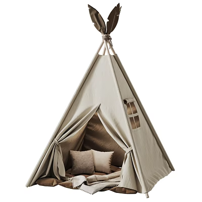 Beige Teepee Tent Interior with Cozy Cushions Pillows and Top Rope Design 3d model