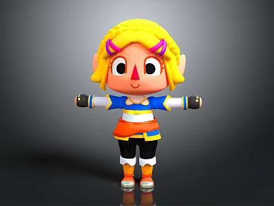 Cute Fantasy Cartoon Character With Yellow Hair Horns And Blue White Top Orange Belt Outfit 3d model