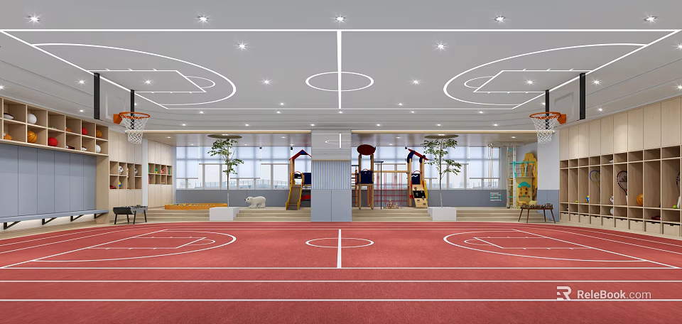 Basketball Gym Interior Design With Red Floor Ceiling Lights Basketball Hoops And Large Windows 3d model 
